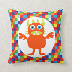Funny Orange Monster Creature Bright Colour Blocks Throw Pillow