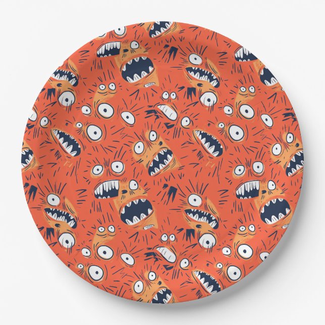 Funny Orange Monster Shouting Face  Paper Plate (Front)