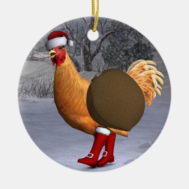 Funny Orange Rooster Santa Claus Ceramic Ornament (Front)