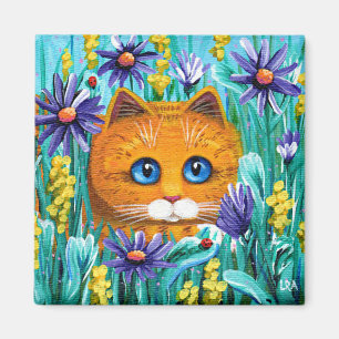 Funny Orange Tabby Cat Mouse Flowers Creationarts Magnet