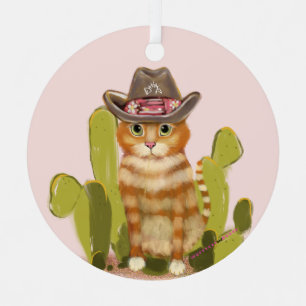 Funny Orange Tabby Cowboy Cat Metal Ornament