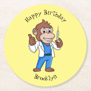 Funny orangutan ape cartoon doctor round paper coaster