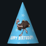 Funny Ostrich Happy Birthday Dancing Party Cartoon Party Hat<br><div class="desc">A funny ostrich on a paper hat for a birthday party. Use "Personalize this template" to change the "HAPPY BIRTHDAY!" text and create a unique, customized party accessory. Paper hats for a celebration, featuring a shaggy ostrich having a birthday boogie, complete with rainbow striped party hat and polka dotted blower....</div>