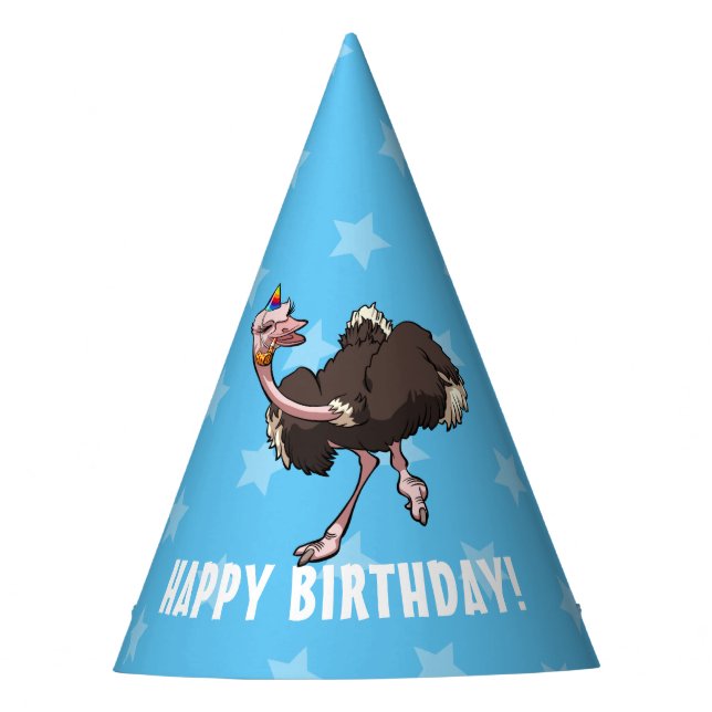 Funny Ostrich Happy Birthday Dancing Party Cartoon Party Hat (Front)