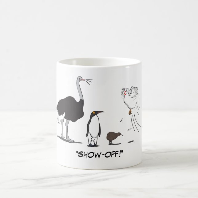 Funny Ostrich Penguin Kiwi Flying Chicken Show Off Coffee Mug (Center)