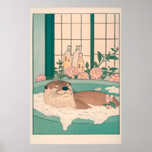 Funny Otter Art Print, Ukiyo-e Japanese Bathroom Poster