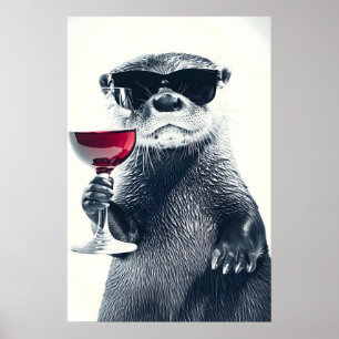 Funny Otter Drinking Wine Art Print Home Bar
