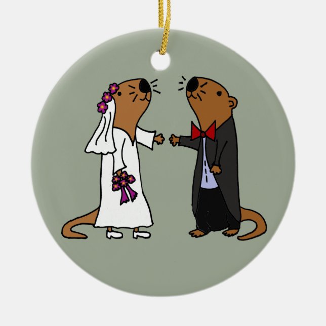 Funny Otter Wedding Cartoon Ceramic Ornament (Front)