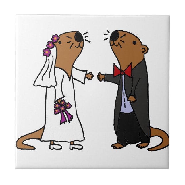 Funny Otter Wedding Cartoon Tile (Front)