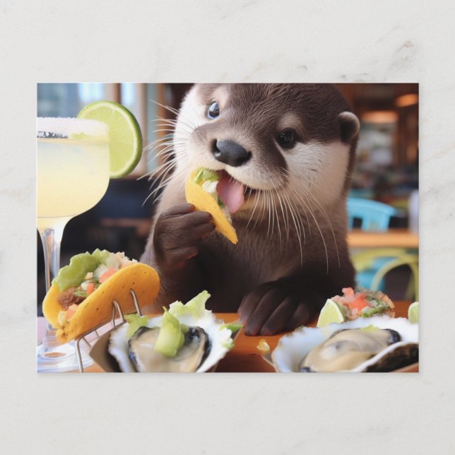Funny Otter With Osyster Tacos and Margarita Postcard (Front)