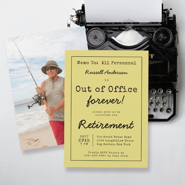 Funny Out of Office Forever Retirement Party Memo Invitation (Available in both printed and digital download formats.)
