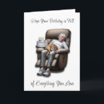 Funny Over the Hill Humourous Birthday Card<br><div class="desc">A funny elderly man sound asleep in his recliner with a cat on his lap and birthday cake on the arm of the chair. Aging birthday humour. Cats and cat naps quote.</div>