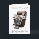 Funny Over the Hill Humourous Birthday Card<br><div class="desc">A funny elderly man sound asleep in his recliner with a cat on his lap and birthday cake on the arm of the chair. Aging birthday humour. Cats and cat naps quote.</div>
