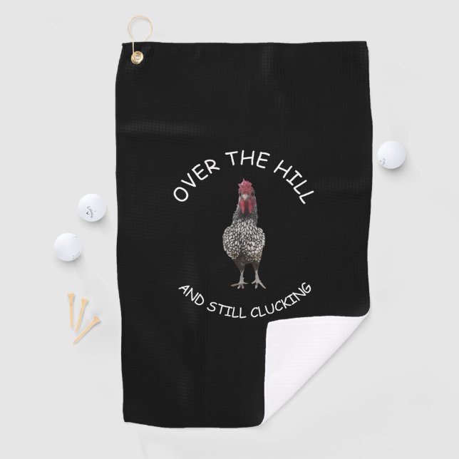 Funny Over The Hill Still Clucking Rooster Black Golf Towel (InSitu)