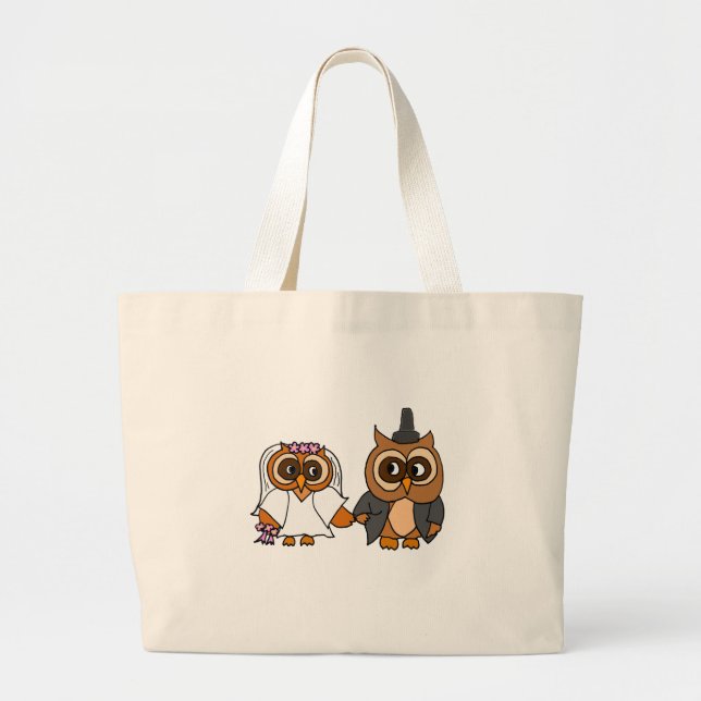 Funny Owl Bride and Groom Wedding Large Tote Bag (Front)