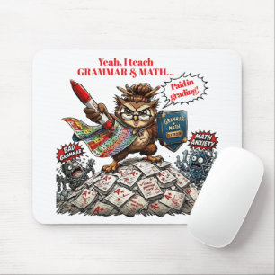 Funny Owl Teacher Mascot - Grammar & Math Hero - Mouse Pad