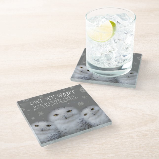 Funny Owl We Want for Christmas ... Snowy Owls Glass Coaster (Angled)