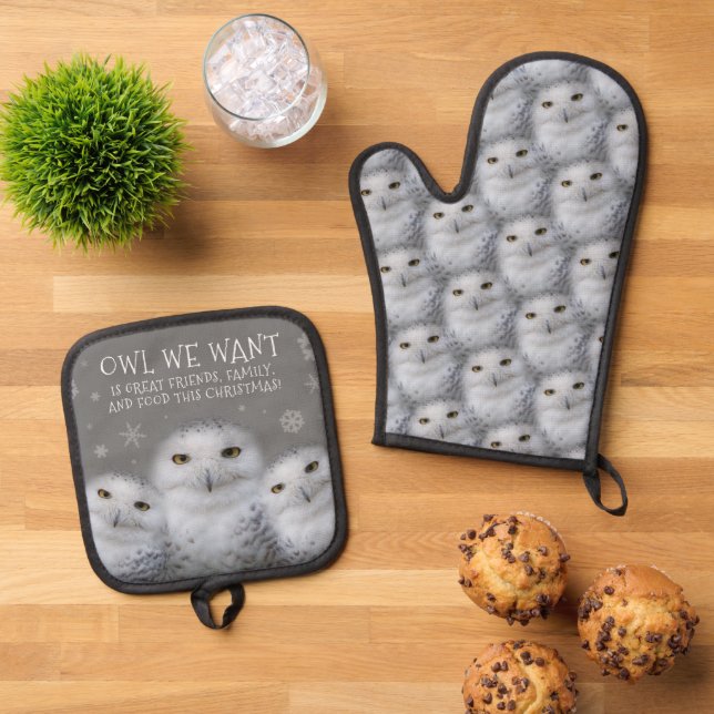 Funny Owl We Want for Christmas ... Snowy Owls Oven Mitt & Pot Holder Set (Top Down)