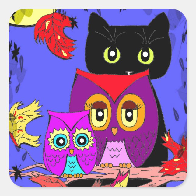 Funny Owls Black Cat Fall Moon Creationarts Square Sticker (Front)