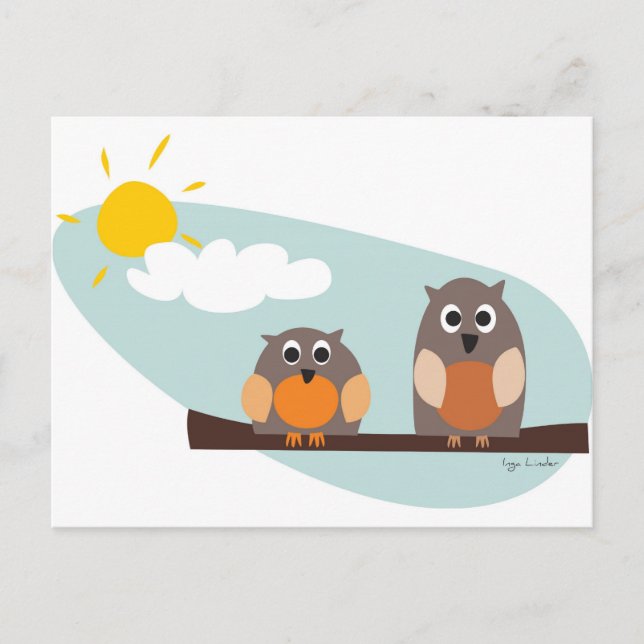 Funny owls on branch on sunny day postcard (Front)
