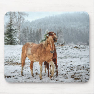 Funny Palomino & Red Dun Ranch Horses in Snow Mouse Pad