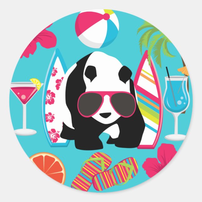 Funny Panda Bear Beach Bum Cool Sunglasses Surfing Classic Round Sticker (Front)