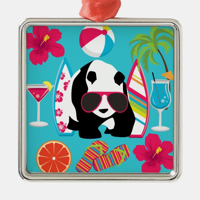 Funny Panda Bear Beach Bum Cool Sunglasses Surfing Metal Ornament (Front)