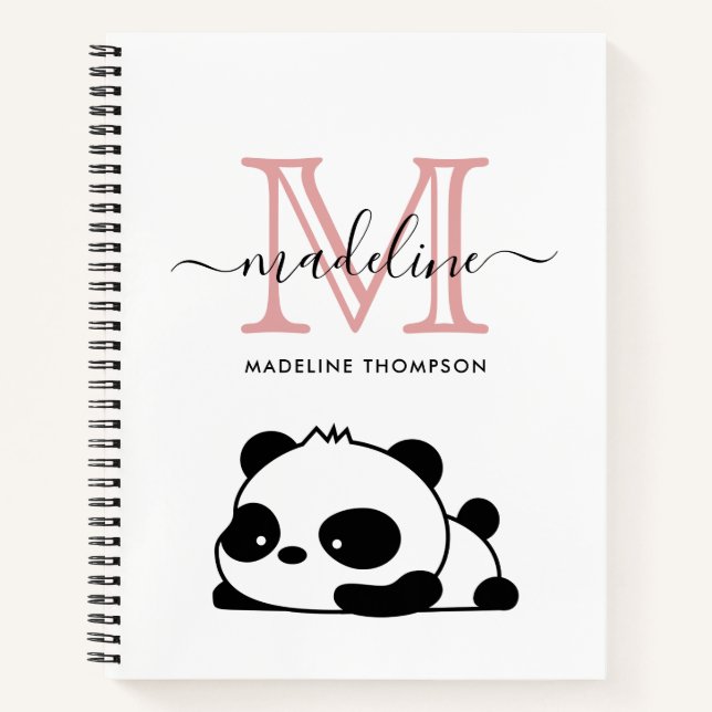 Funny Panda Blush Pink Black White Monogram Script Notebook (Front)