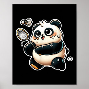 Funny Panda Playing Badminton Cute Sporty Exercise Poster