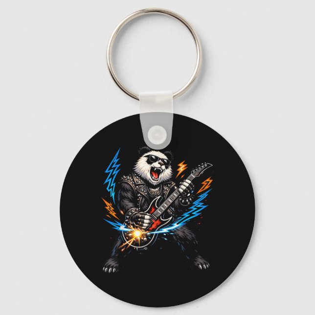 Funny Panda Playing Guitar Rock and Roll for Men Keychain (Front)