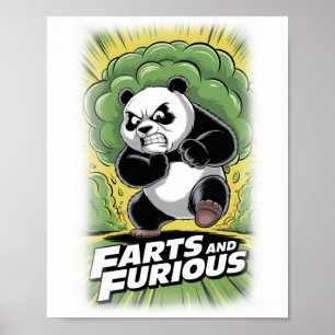 Funny Panda running and making Fart on a White Poster