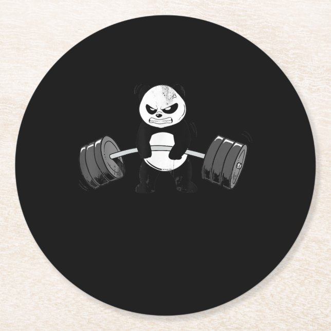 Funny Panda Workout  Kitten Gym Deadlift Power Round Paper Coaster (Front)