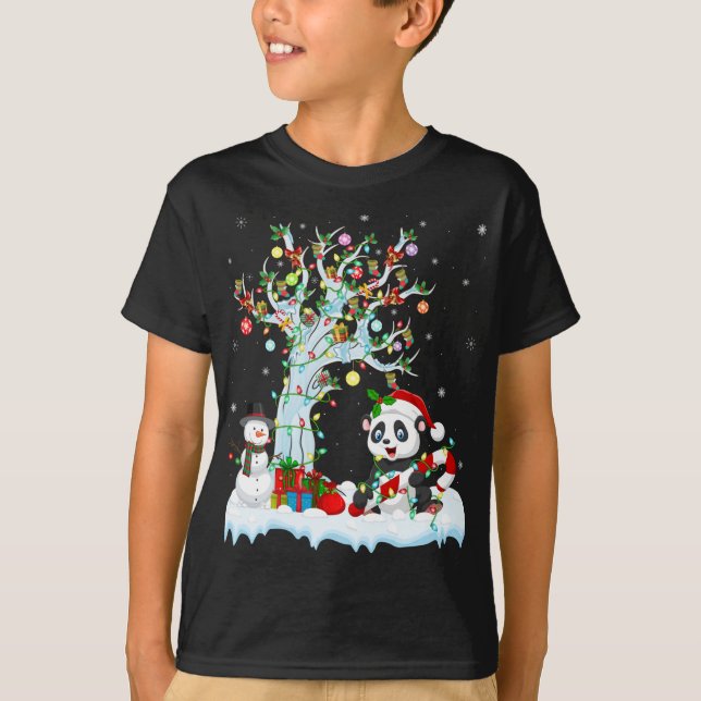 Funny Panda Xmas Tree Lighting Santa Hat Panda Chr T-Shirt (Front)