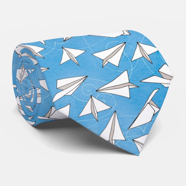 Funny Paper Airplanes on Blue Novelty Pattern Tie (Rolled)