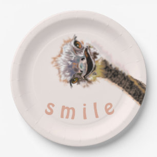 Funny Paper Plates with Happy Ostrich Text Smile