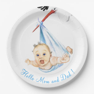 Funny Paper Plates with Stork Carrying Baby