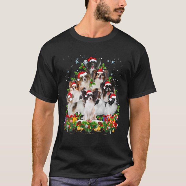 Funny Papillon Dog Christmas Tree Cute Xmas T-Shirt (Front)