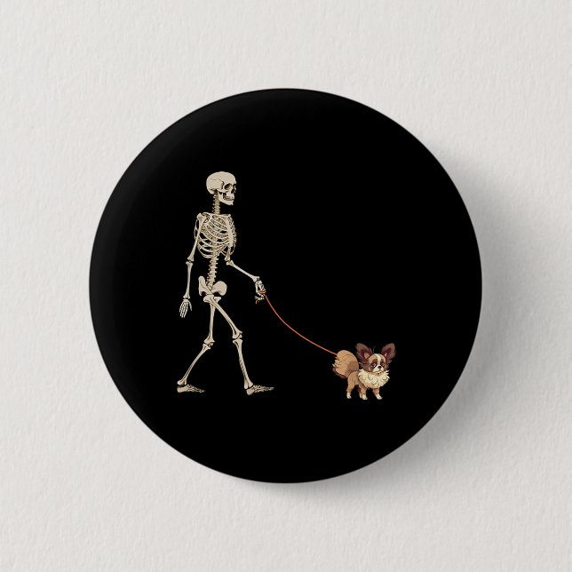 Funny Papillon Skeleton Dog Walking Halloween Dog 2 Inch Round Button (Front)