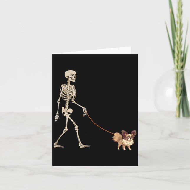 Funny Papillon Skeleton Dog Walking Halloween Dog Card (Front)