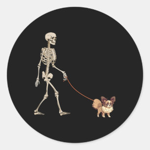 Funny Papillon Skeleton Dog Walking Halloween Dog Classic Round Sticker