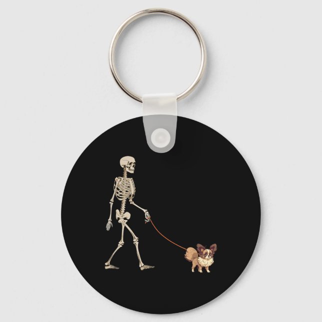 Funny Papillon Skeleton Dog Walking Halloween Dog Keychain (Front)