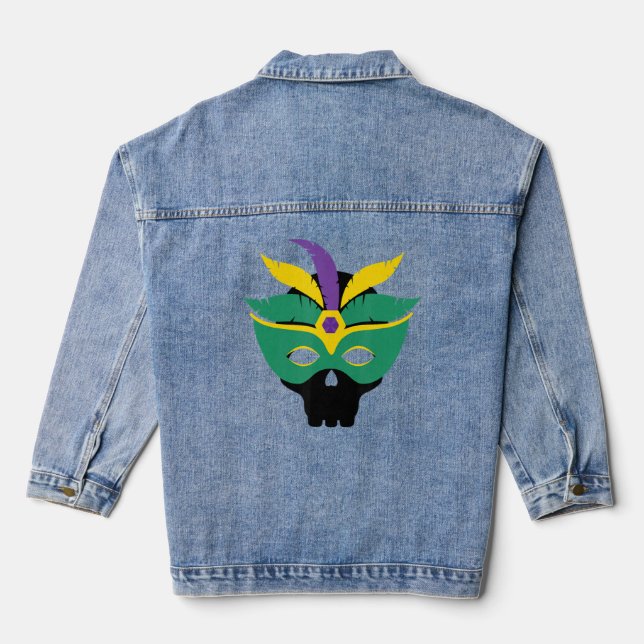 Funny Parade Costume Mardi Gras Skull Jester Mask  Denim Jacket (Back)