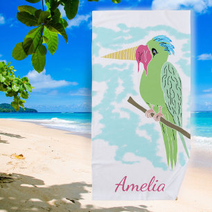 Funny Parrot with Ice cream Drawing Beach Towel