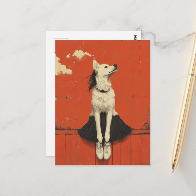 Funny Part Dog Part Human Sitting on Fence Postcard (Front/Back In Situ)