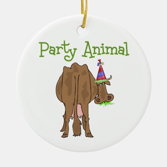Funny  Party Animal Birthday Cow Ceramic Ornament (Front)
