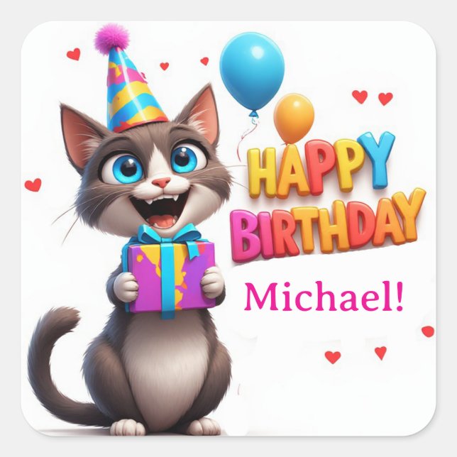 Funny Party Cat With Birthday Gift 🐾 Square Sticker (Front)