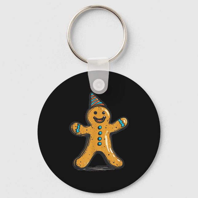 Funny Partying Gingerbread Man With Party Hat Cost Keychain (Front)