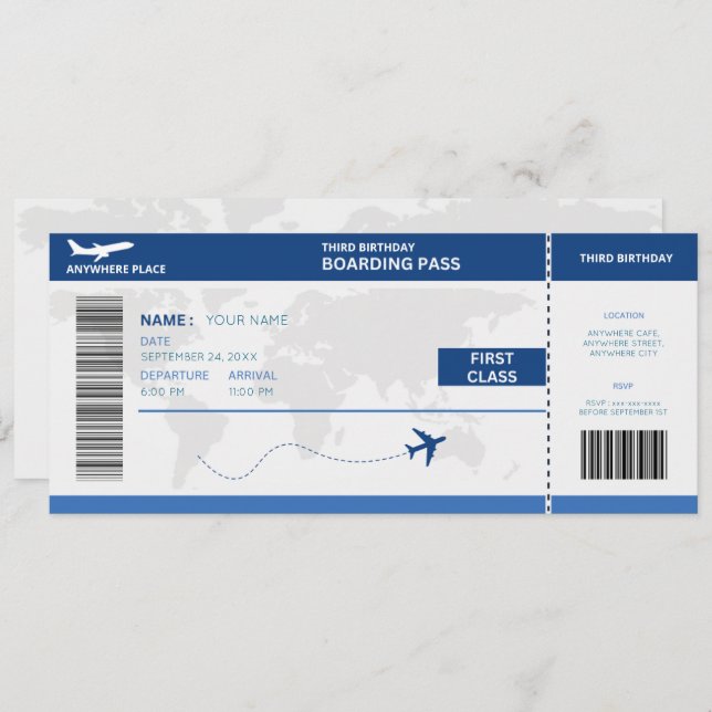 Funny passport, boarding pass ticket 3rd birthday invitation (Front/Back)
