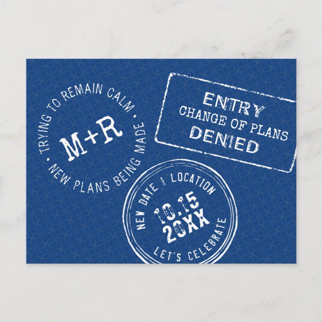 Funny Passport Stamp Wedding Change the Date Announcement Postcard (Front)