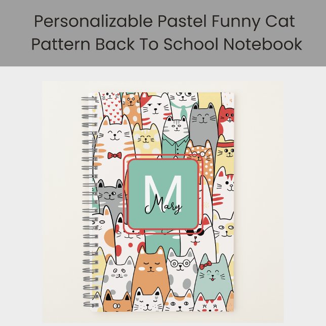 Funny Pastel Cats Back To School Monogram Name On Notebook (Creator Uploaded)